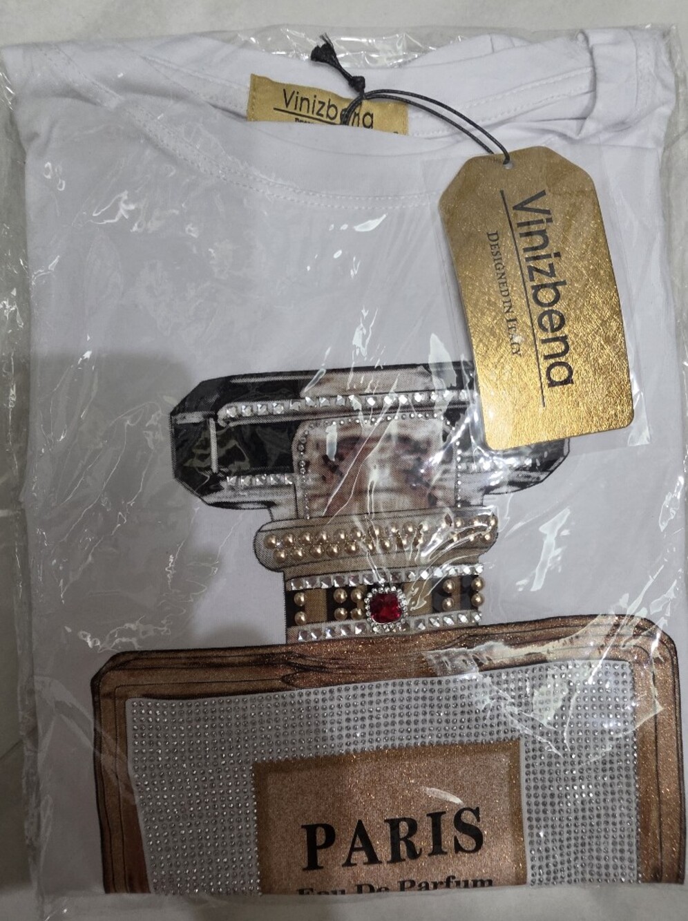 Vinizbena White Graphic Tee with Paris Perfume Bottle Small
